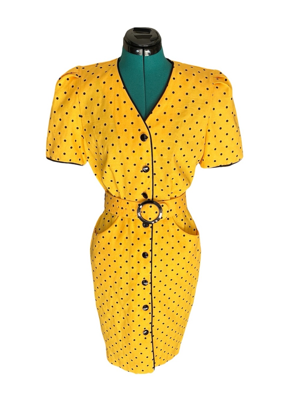 Algo Petite Vintage 1980s Yellow Polka Dot Belted Dress Size 3/4
